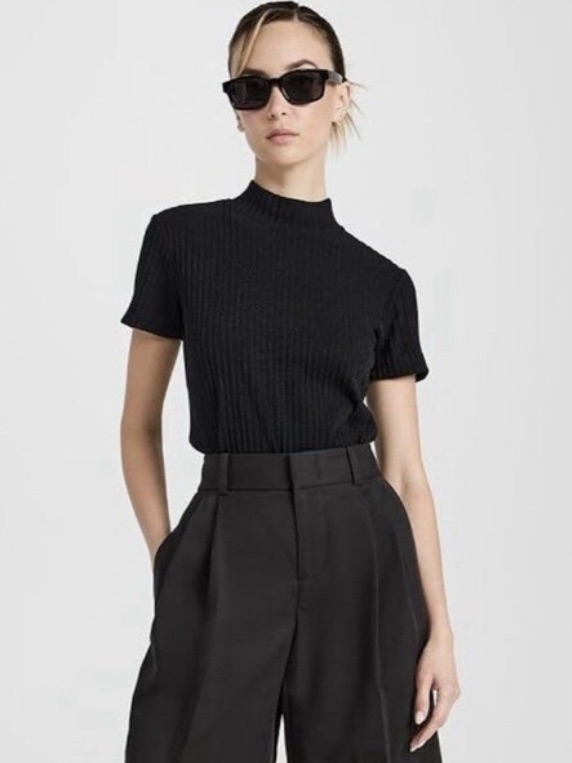 Vince Women Size M Black Ribbed Mock Neck Short Sleeve Top Minimalist